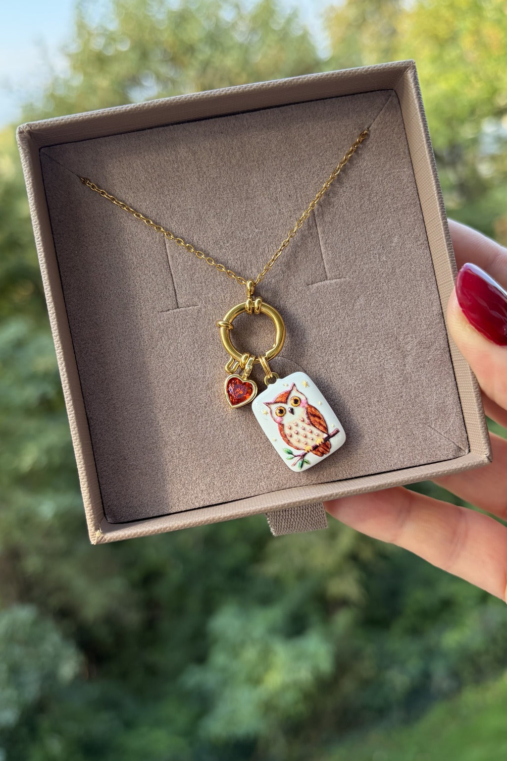 Collana 6548 Ready to Wear “Gufo e cuore arancio”